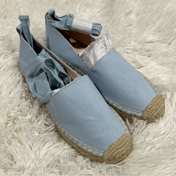 J CREW baby blue Canvas Espadrille Flats Size 7with removable ankle ribbon NEW - Picture 3 of 11